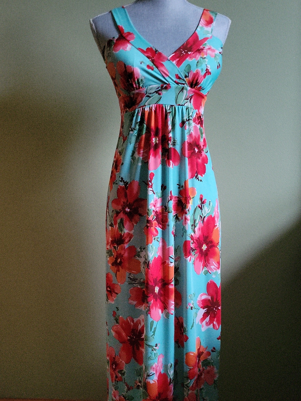 Turquoise Floral Maxi Dress with Pink-Red Blooms